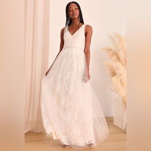 Lulus Sweet Love Ivory Lace Beaded Maxi Wedding Dress Size S Small Off White
